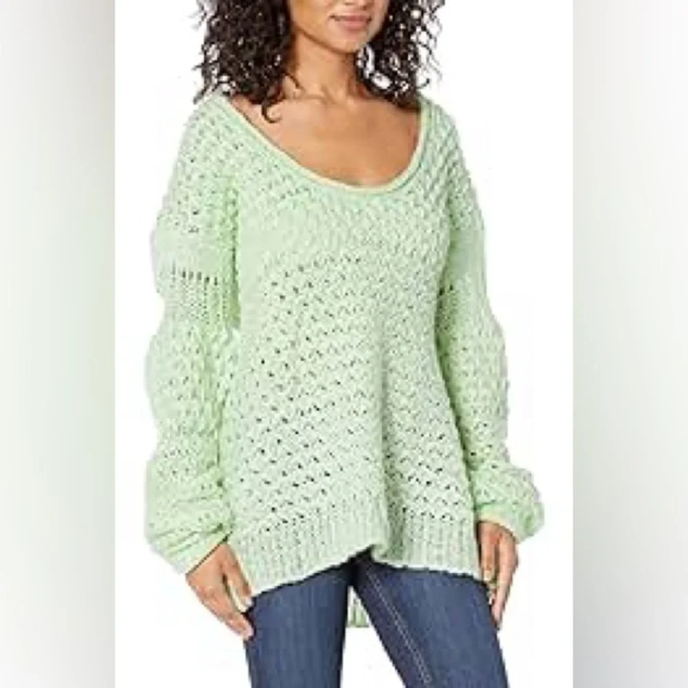 Free People Crashing Waves Open Knit Slouch Sweater Green Small